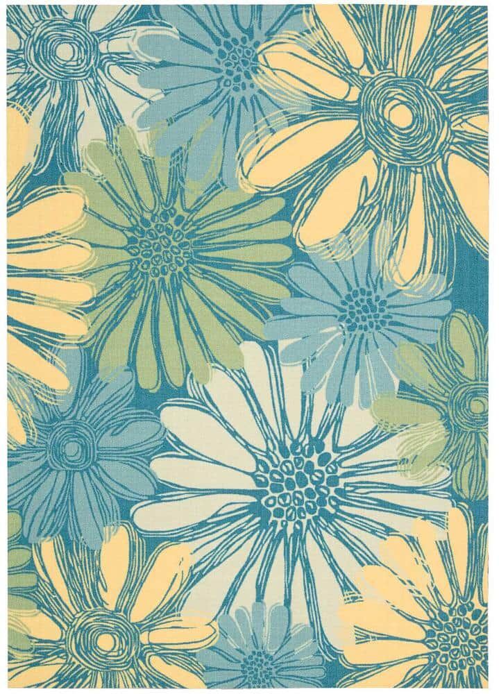 Nourison Home and Garden Daisies Blue 8 ft. x 11 ft. Floral Contemporary Indoor/Outdoor Patio Area Rug