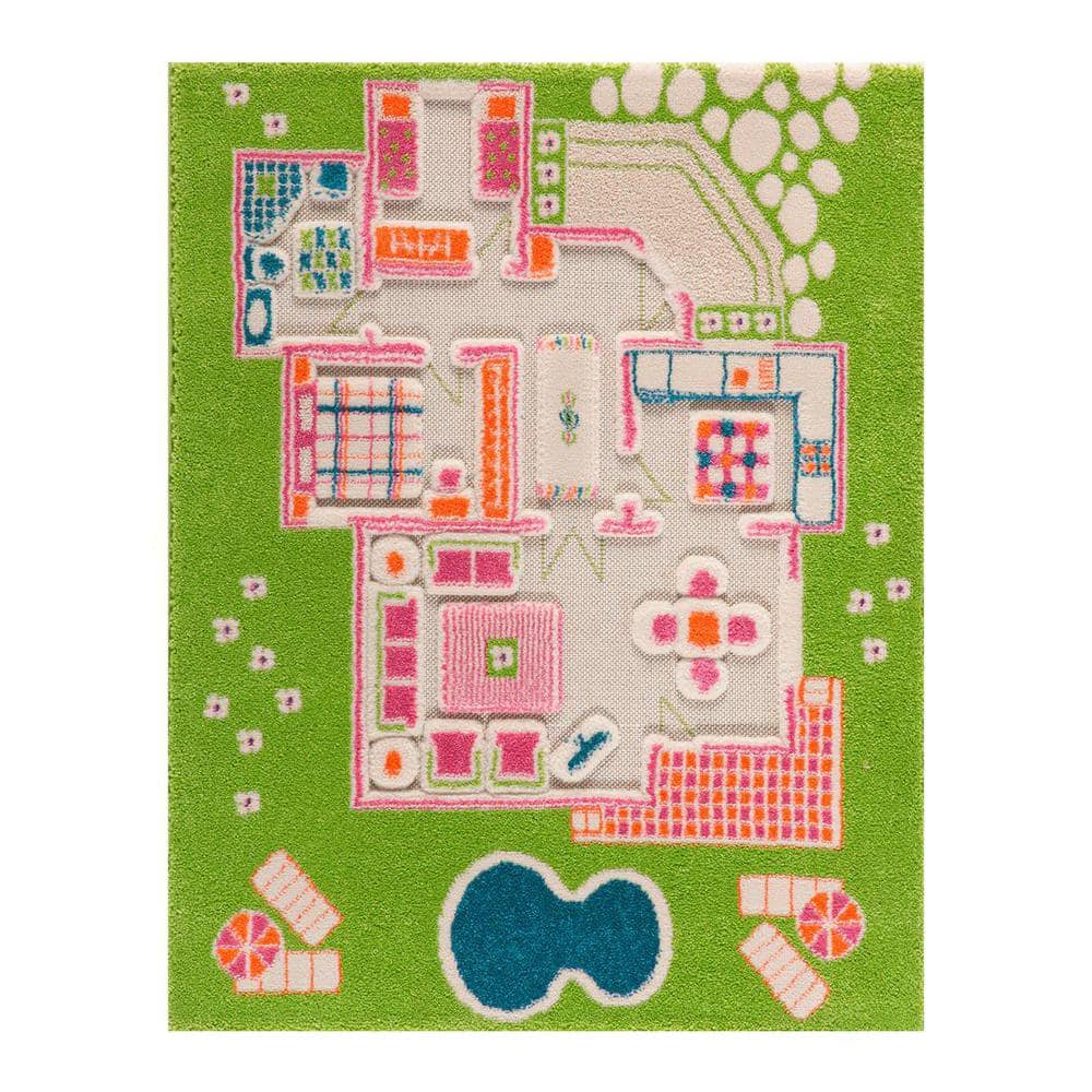 ivi Playhouse Green 3D 2 ft. x 4 ft. 3D Soft and Cozy Non-Toxic Polypropylene Play Area Rug for Kids Bedroom or Playroom