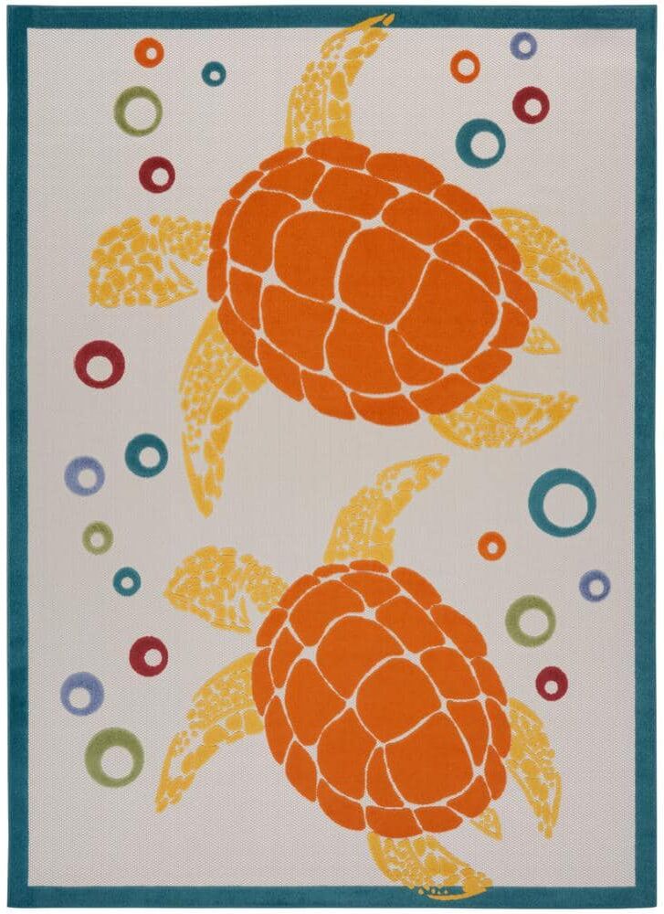 Nourison Aloha Teal Multi 9 ft. x 12 ft. Coastal Sea Turtle Contemporary Indoor/Outdoor Patio Area Rug