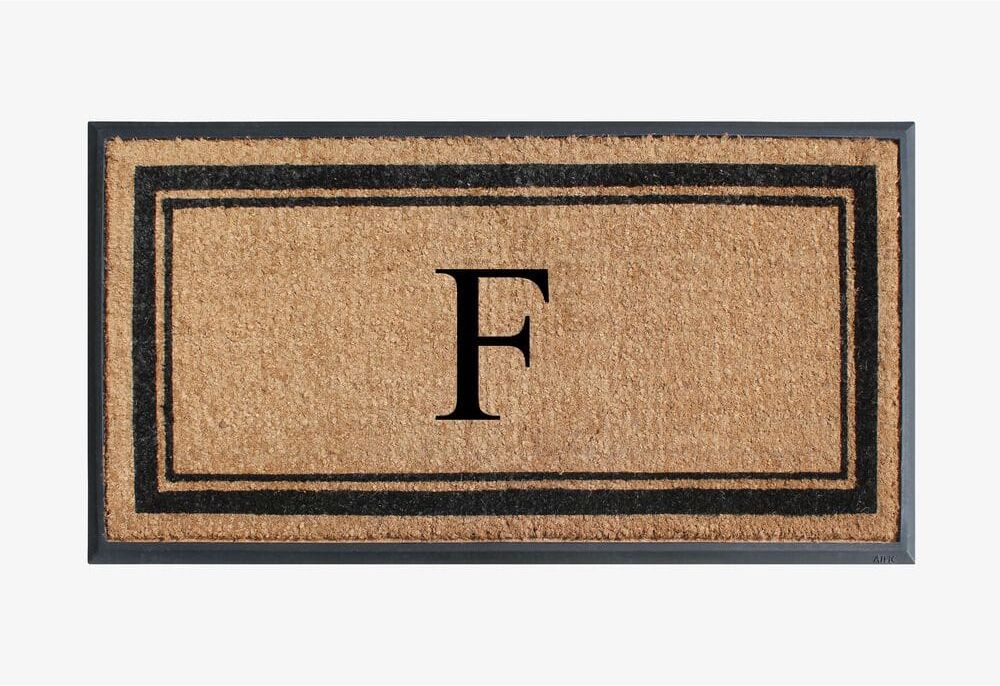 A1 Home Collections A1HC Border Black/Beige 24 in x 48 in Rubber & Coir Non-Slip Backing Thin Profile Outdoor Durable Monogrammed F Doormat