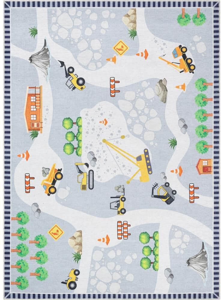 Well Woven Construction Modern Kids Grey Multi 5 ft. x 7 ft. Machine Washable Flat-Weave Area Rug