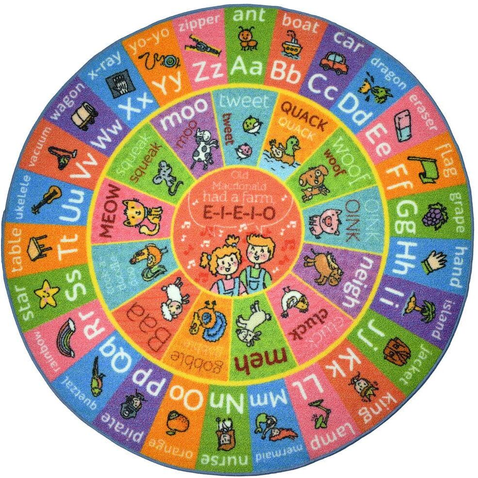 KC CUBS Multi-Color Boy Girl Kids Nursery Playroom Educational Learning ABC's Old MacDonald's Animals 3' x 3' Round Area Rug