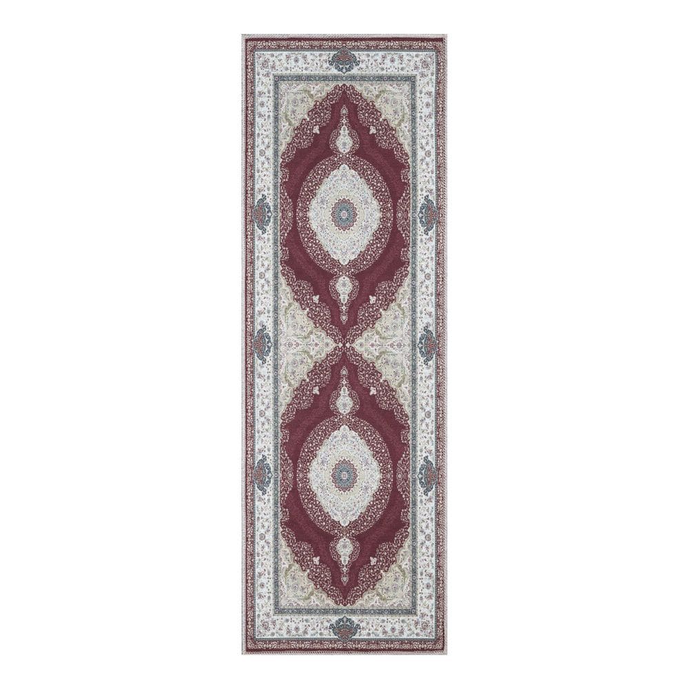 Ottomanson Non Shedding Washable Wrinkle-free Cotton Flatweave Medallion 2x5 Indoor Living Room Runner Rug 20 in.x59 in.,Bordeaux