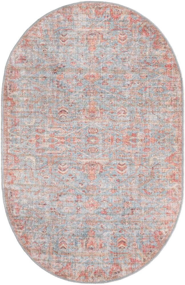 Unique Nostalgia Olivia Antique Blue 4 ft. x 6 ft. Oval Machine Washable Area Rug