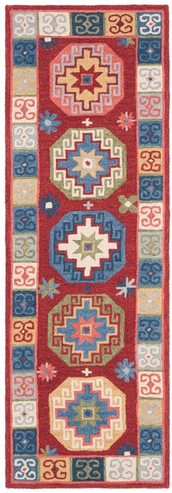 SAFAVIEH Aspen Red/Blue 2 ft. x 7 ft. Border Geometric Emblems Runner Rug