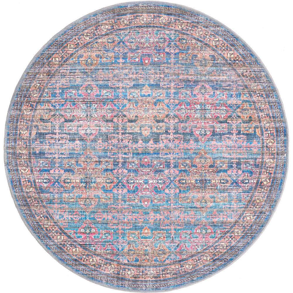 Unique Nostalgia Bliss Antique Blue 4 ft. Round Machine Washable Area Rug