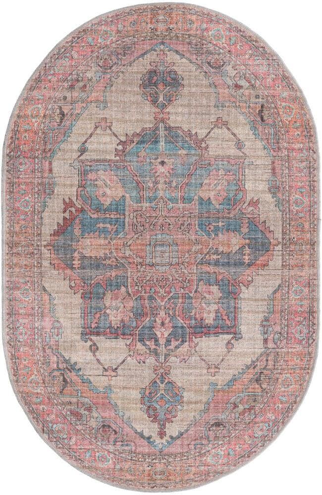 Unique Nostalgia Ella Antique Beige 4 ft. x 6 ft. Oval Machine Washable Area Rug