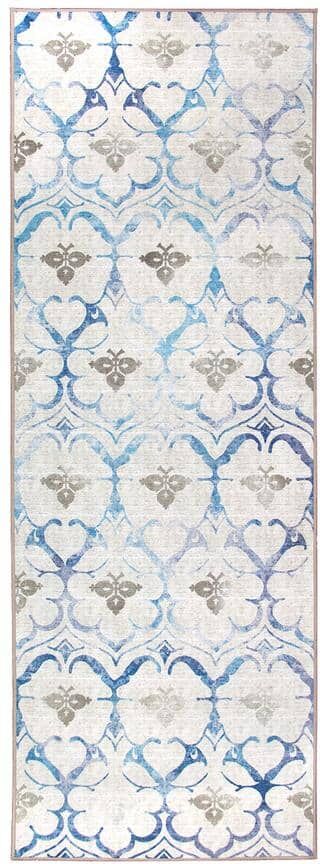 My Magic Carpet Leilani Damask Beige Blue 2.5 ft. x 7 ft. Machine Washable Runner Rug