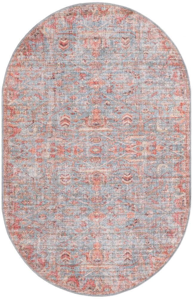 Unique Nostalgia Olivia Antique Blue 5 ft. x 8 ft. Oval Machine Washable Area Rug