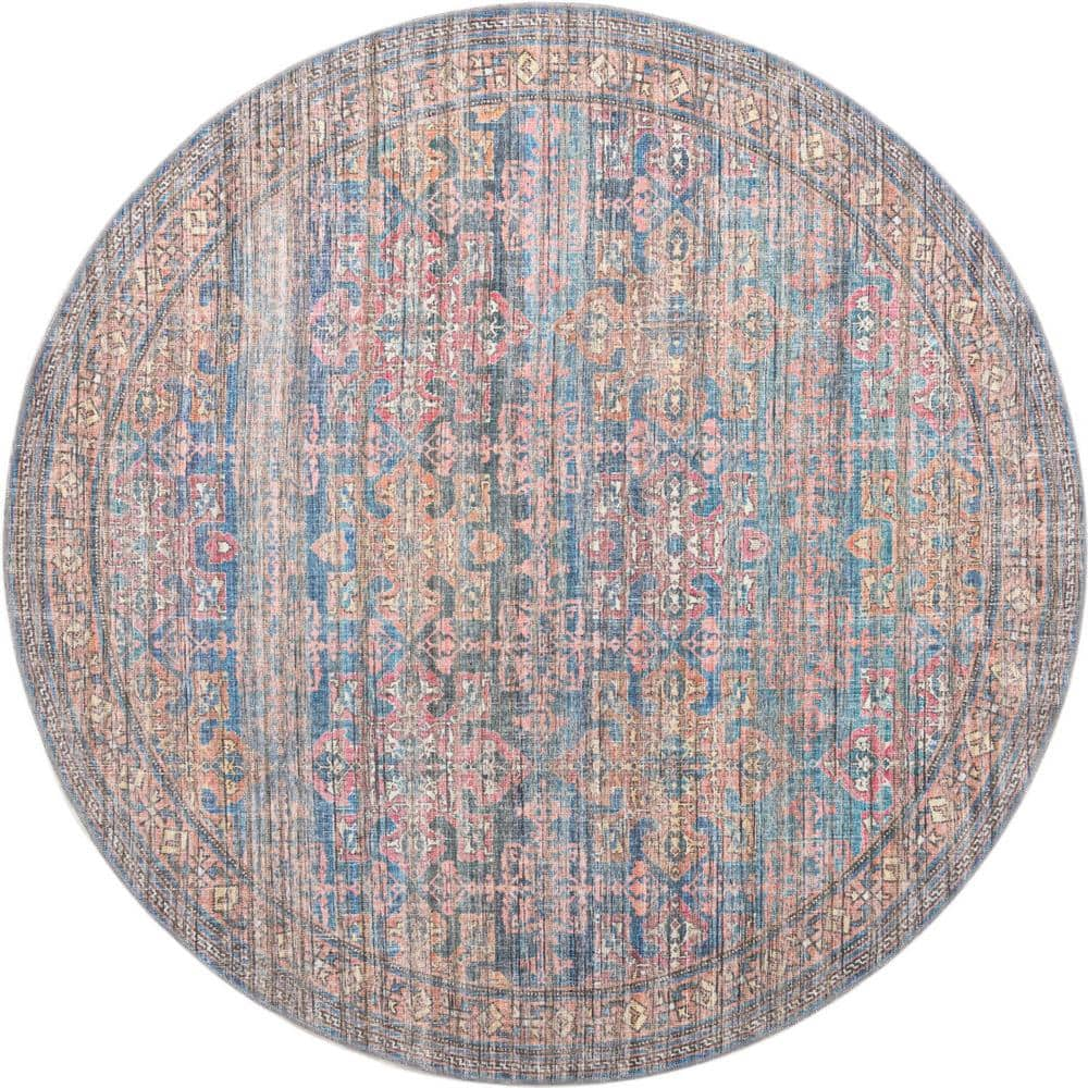 Unique Nostalgia Bliss Antique Blue 8 ft. Round Machine Washable Area Rug