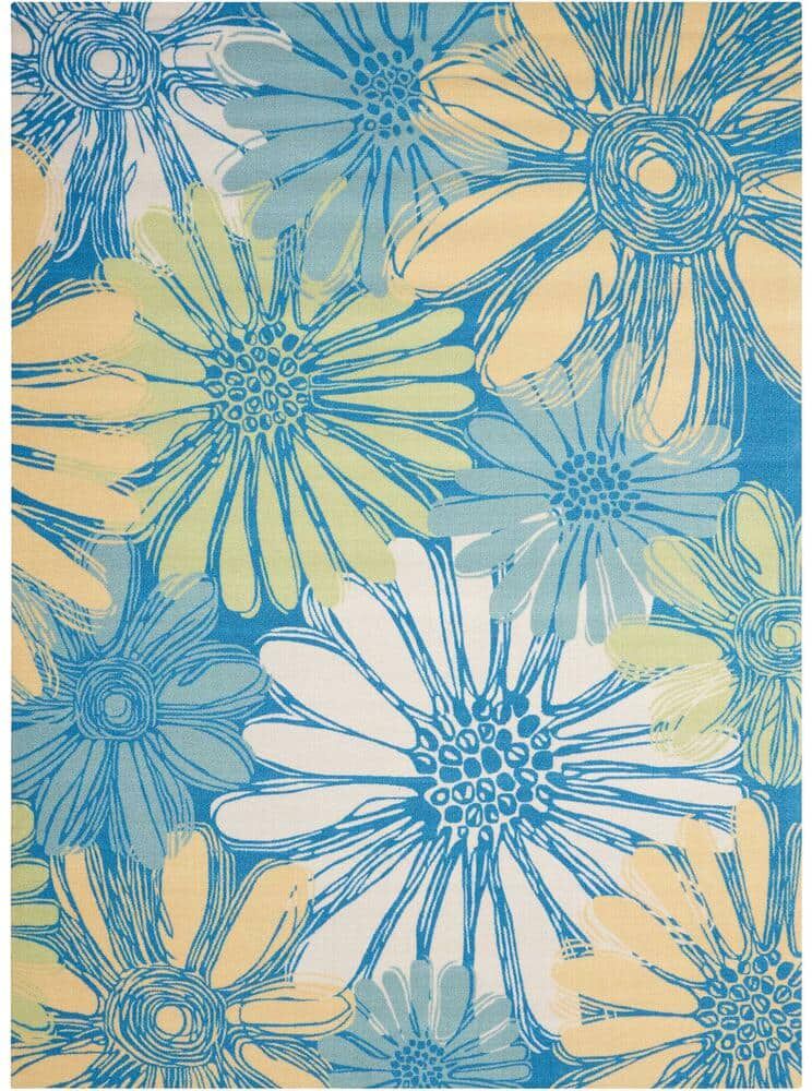 Nourison Home and Garden Daisies Blue 5 ft. x 7 ft. Floral Contemporary Indoor/Outdoor Patio Area Rug