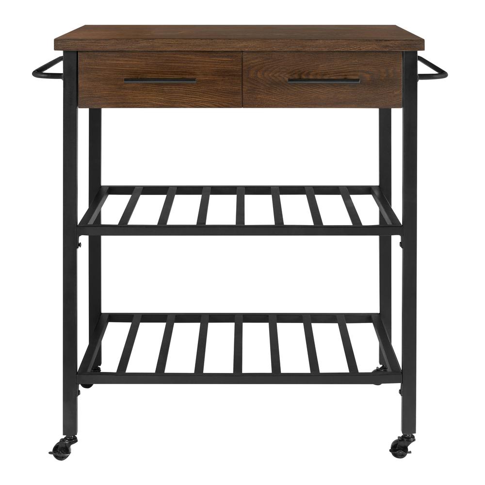 StyleWell Blake 2-Drawer Kitchen Cart with Industrial Black Metal Frame and Walnut Top with Storage (35" W)