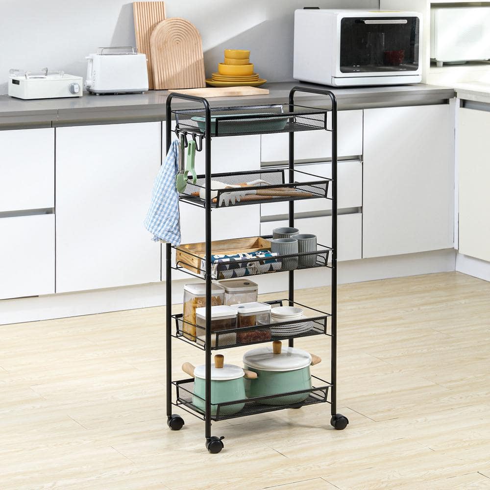 HOMCOM 5-Tier Utility Rolling Cart, Metal Storage Cart, Kitchen Cart with Removable Mesh Baskets in Black