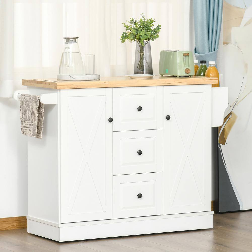 HOMCOM White Wooden Kitchen Cart Island with Storage Drawers and Cabinet