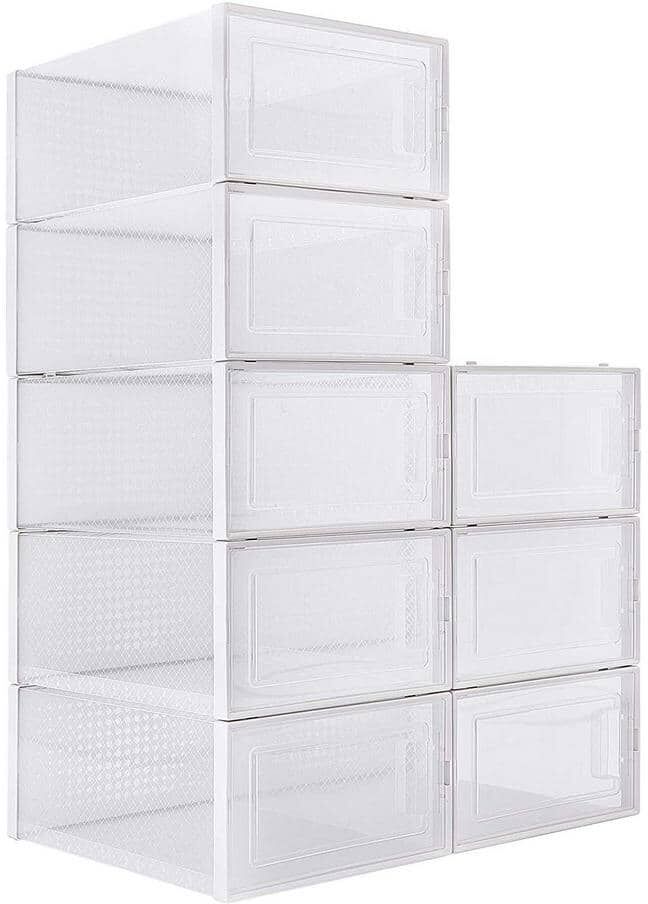 Siavonce 8-Pair Plastic Stackable Clear Shoe Storage Shoe Boxes, Storage Bins Shoe Container Organize, White