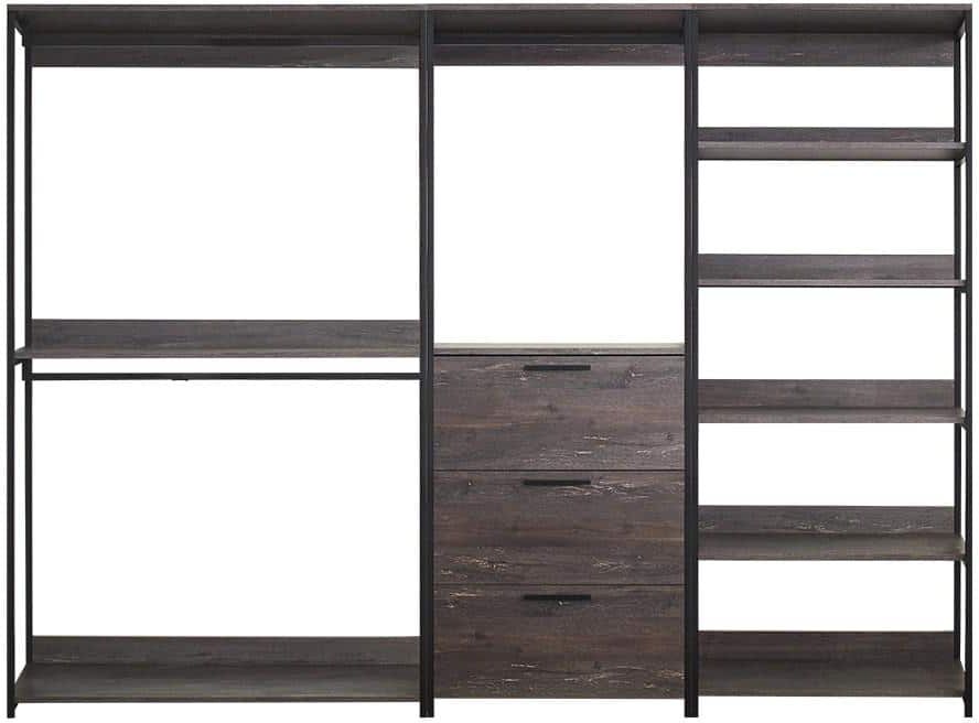 Klair Living Monica 111 in. W Rustic Gray Freestanding 3 Tower System 7 -Shelf Walk in Wood Closet System with Metal Frame