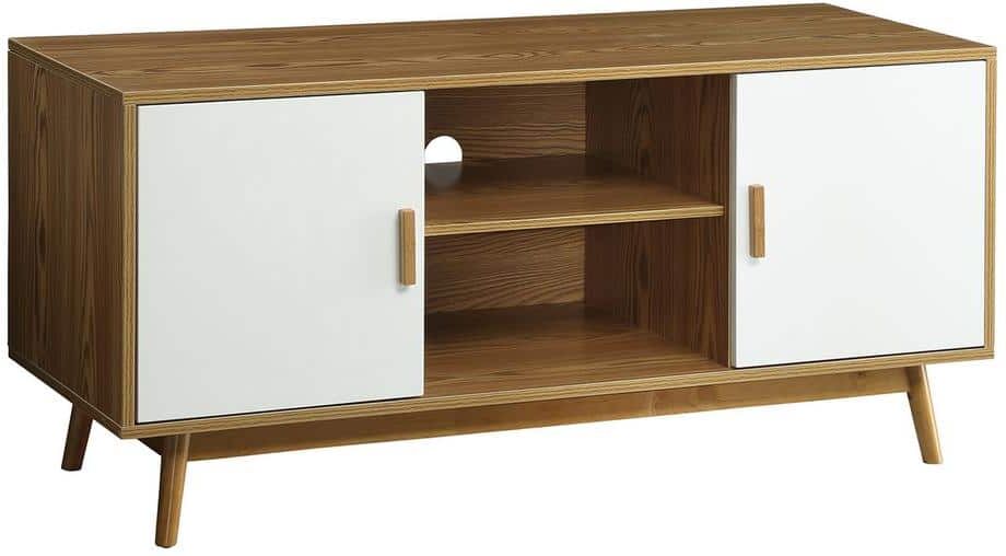 Convenience Concepts Oslo 47.25 in. Woodgrain and White TV Stand fits up to a 50 in. TV with Cabinet Doors and Open storage