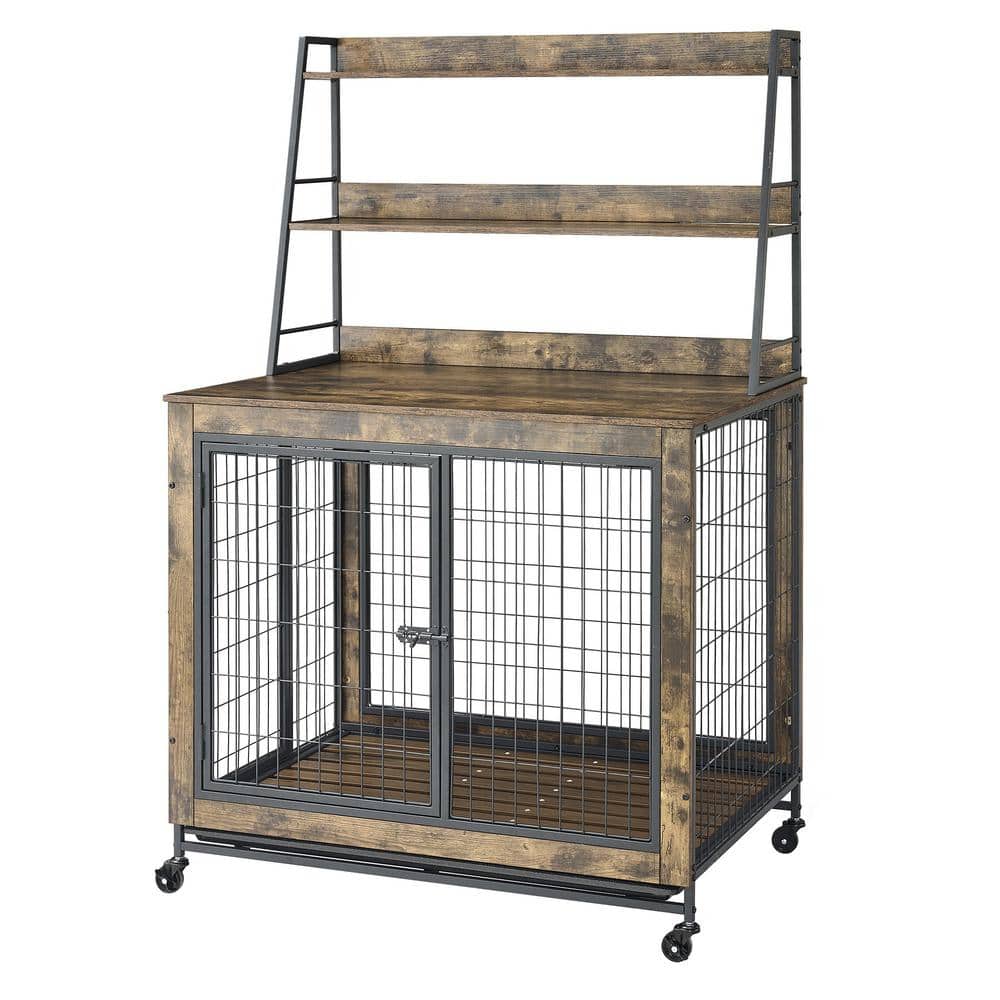 Mis cool Any 37.99 in. W Furniture Dog Cage Crate with Double Doors, Storage Rack, Flip-Top in Antique Brown