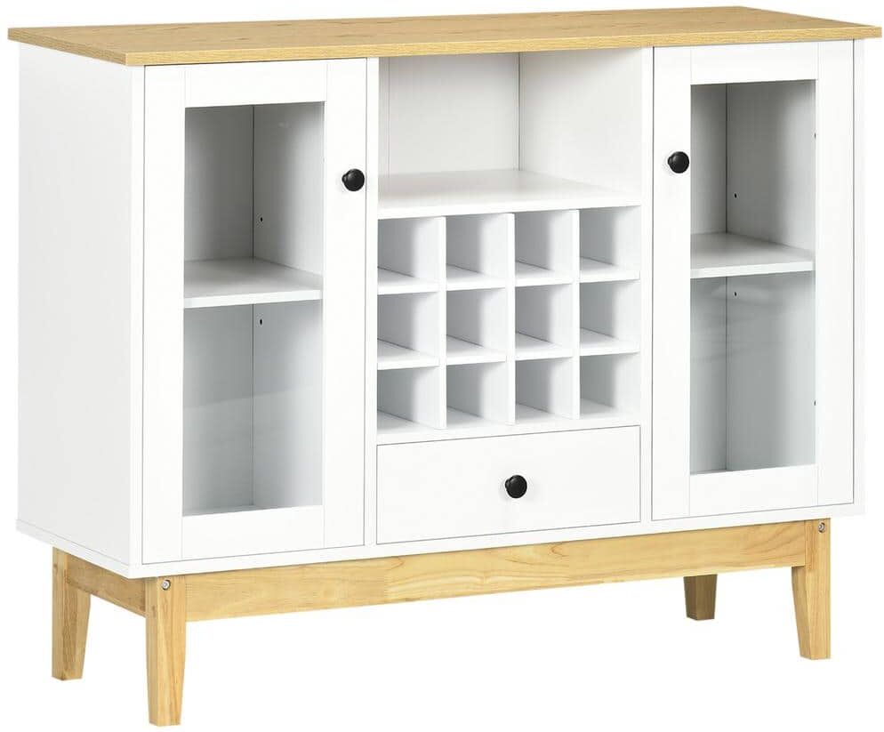 HOMCOM White Glass Door Kitchen Sideboard with 12-Bottle Wine Rack, Drawer and Shelves, Coffee Bar Cabinet, Dining Room