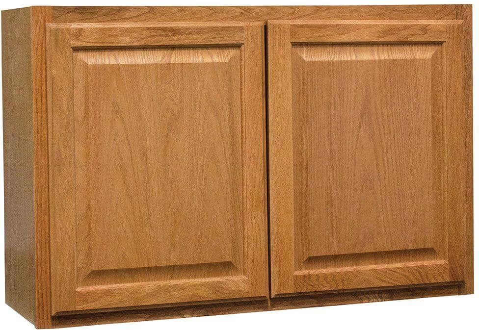 Hampton Bay Hampton 36 in. W x 12 in. D x 24 in. H Assembled Wall Bridge Kitchen Cabinet in Medium Oak with Shelf