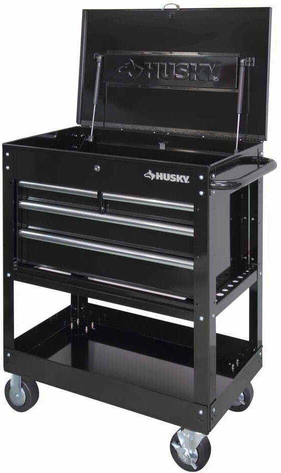 Husky 33 in. W 4-Drawer Mechanics Tool Utility Cart in Gloss Black