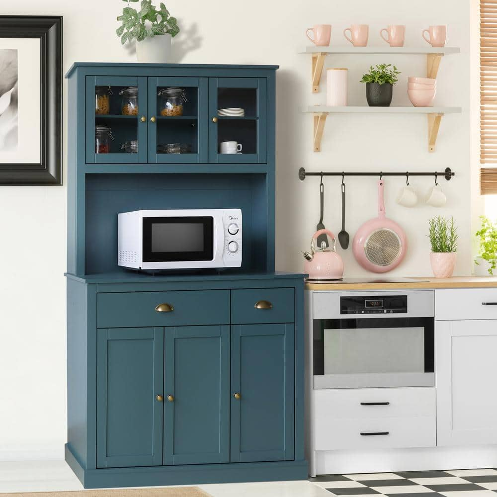 VEIKOUS Teal Blue Kitchen Pantry Cabinet Storage with Adjustable Shelves, Buffet Cupboard and Microwave Stand