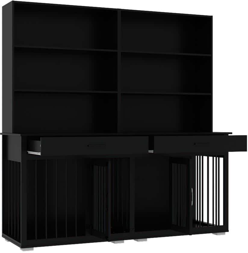 WIAWG Large Dog Crate Storage Cabinet, Indoor Wooden Heavy Duty Dog Cage Kennel with Wood 6-Shelf Bookcase Bookshelf, Black