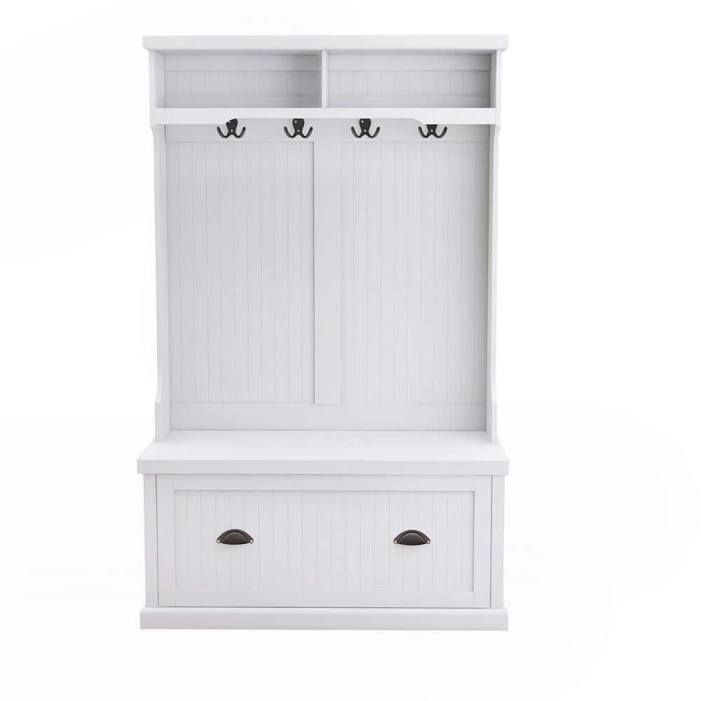 URTR White Entryway Hall Tree with 4 hooks Storage Cabinet for Clothes and Shoes