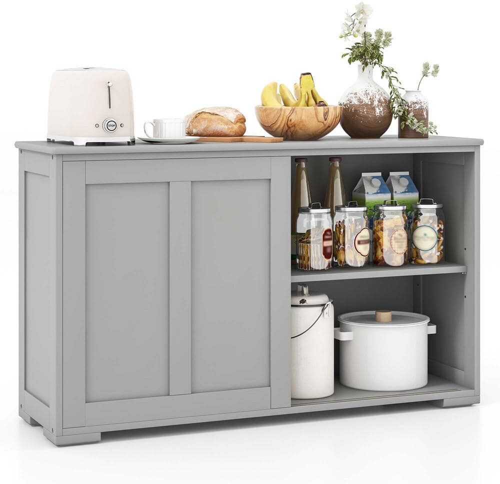 Costway Gray Wood 42 in. Kitchen Storage Cabinet Sideboard Buffet Cupboard Sliding Door Pantry