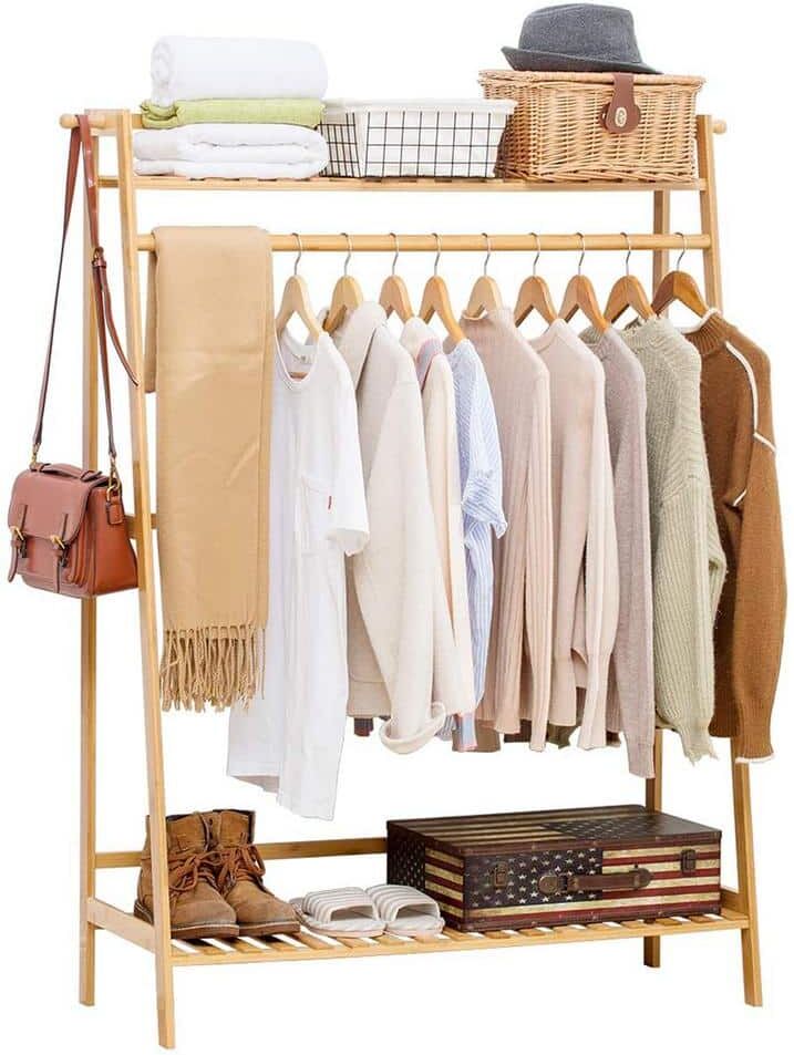 Natural Bamboo Garment Clothes Rack with Shelves 39.4 in. W x 54.7 in. H