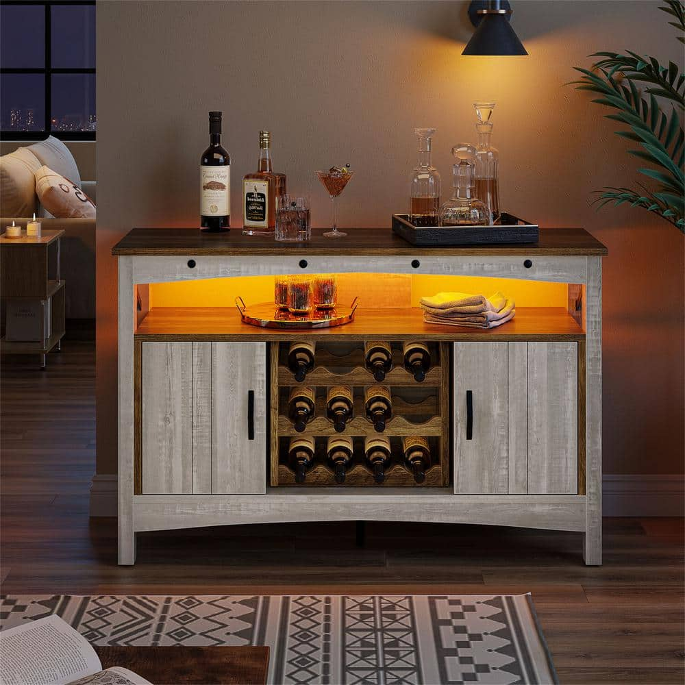 Bestier 50 in. Wash White Versatile Sideboard and Bar Cabinet Combo with LED Lights Removable Wine Rack