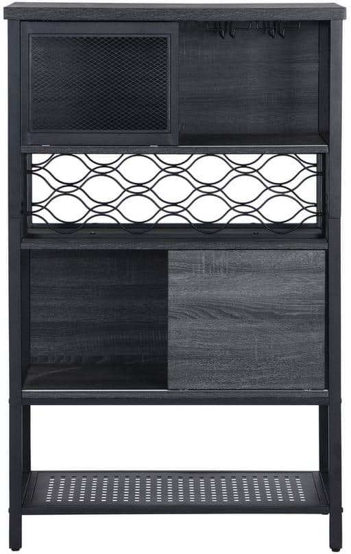 Tatahance Antique Black Wood and Iron Frame Material Kitchen Storage Cabinet with Wine Rack