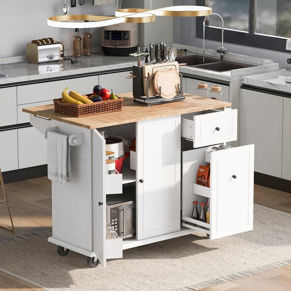 Harper & Bright Designs White Kitchen Cart with Drop-Leaf, Cabinet Door Internal Storage Racks, 3-Tier Pull-Out Cabinet Organizer, 5 Wheels