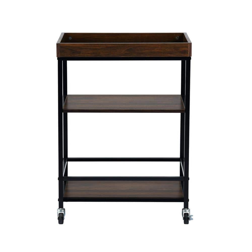 Aoibox 3-Tier Brown Wooden Retro Serving Cart Mobile Kitchen Island with Casters, Serving Tray, and Shelves