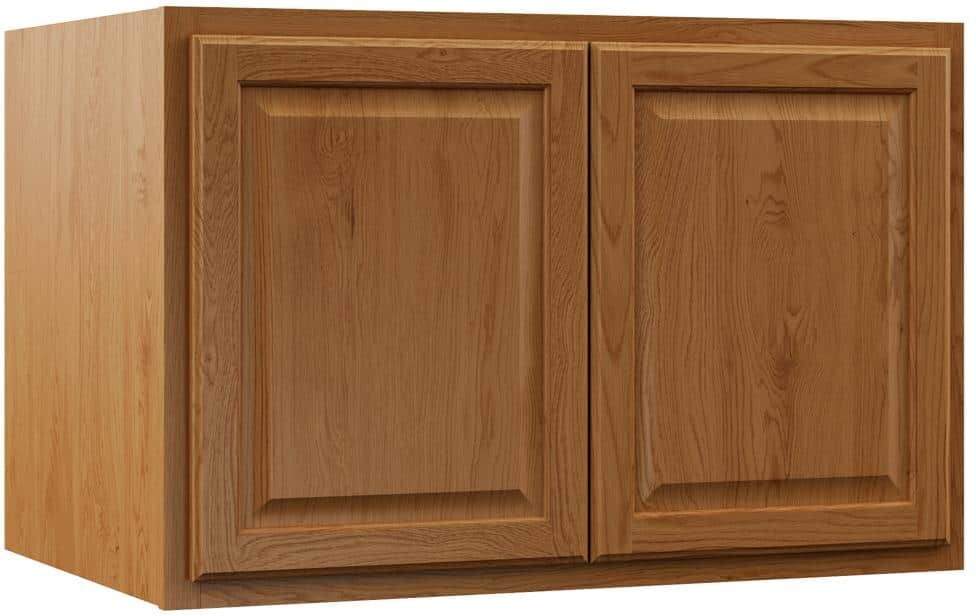 Hampton Bay Hampton 36 in. W x 24 in. D x 12 in. H Assembled Deep Wall Bridge Kitchen Cabinet in Medium Oak without Shelf