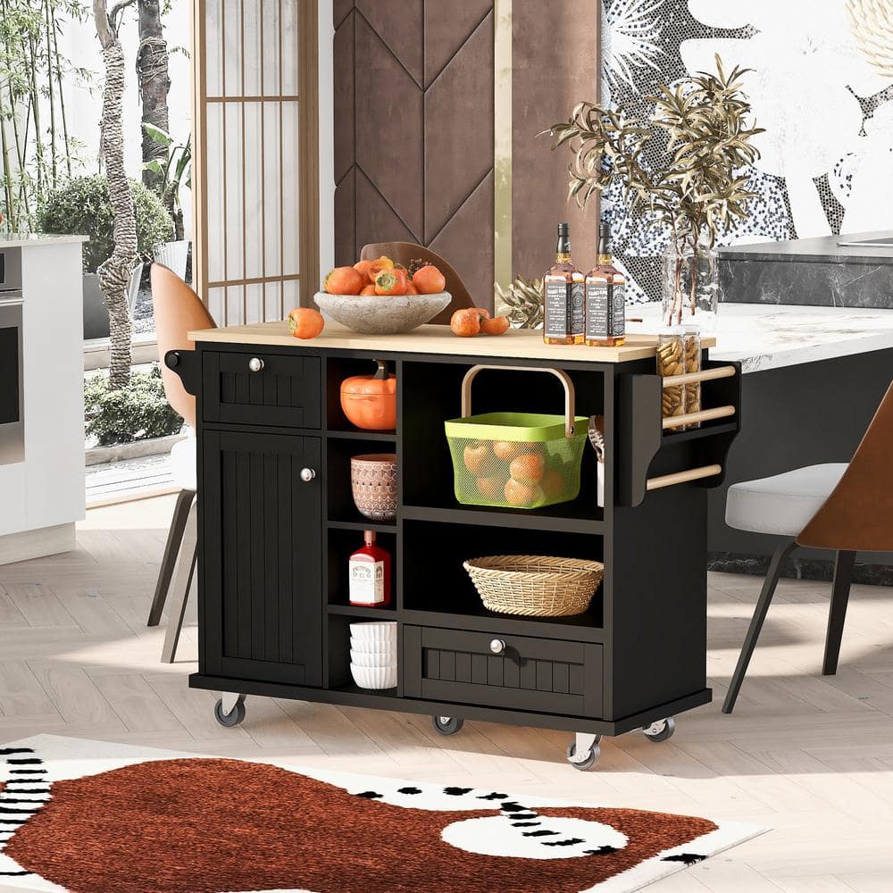 Runesay Black Kitchen Island Cart Wood Desktop Storage Cabinet and 2-Locking Wheels with Towel Holder