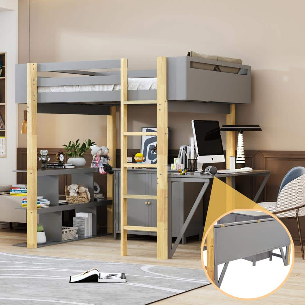 Harper & Bright Designs Gray Wood Frame Full Size Loft Bed with Built-in Shelves, Storage Cabinet, Foldable Desk