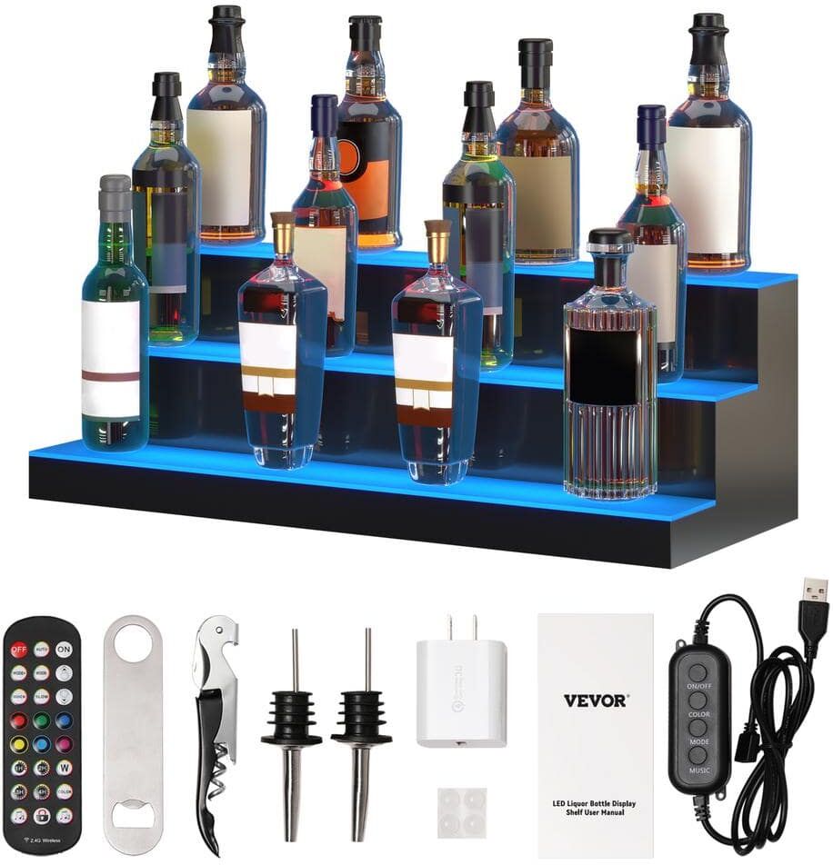 VEVOR 24-Bottles LED Lighted Liquor Bottle Display 30 in. Illuminated Home Bar Shelf 7-Static Colors Acrylic Wine Rack