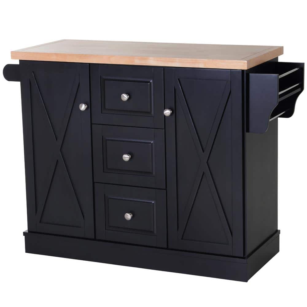 HOMCOM Black Wooden Kitchen Cart with Drawers and Cabinet