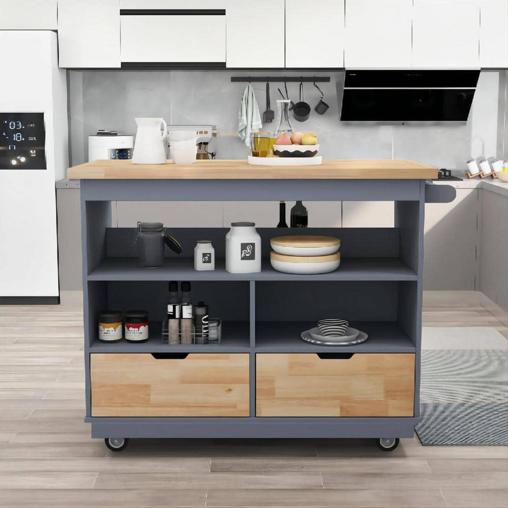 Polibi Large Storage Capacity Blue Kitchen Cart Rolling Mobile Kitchen Island Solid Wood Top with 2-Drawers, Tableware Cabinet