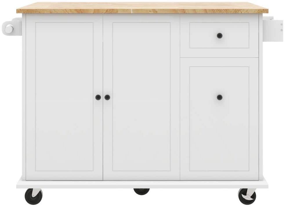 White Wood 54 in. Kitchen Island with Drop Leaf and Cabinet Organizer, Kitchen Storage Cart Spice Rack, Towel Rack