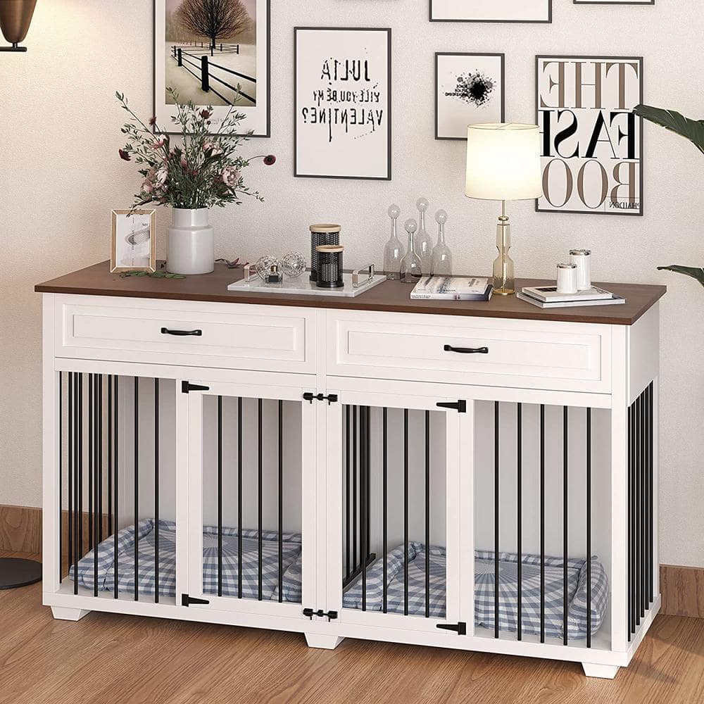 FUFU&GAGA White Wooden Accent Storage Cabinet with 2-Drawer, Dog Crates Cage Furniture for Large Dog