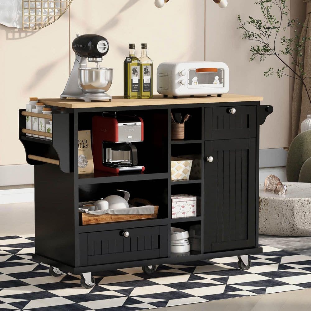 Nestfair Black Modern Kitchen Island with Storage Cabinet and Two Locking Wheels