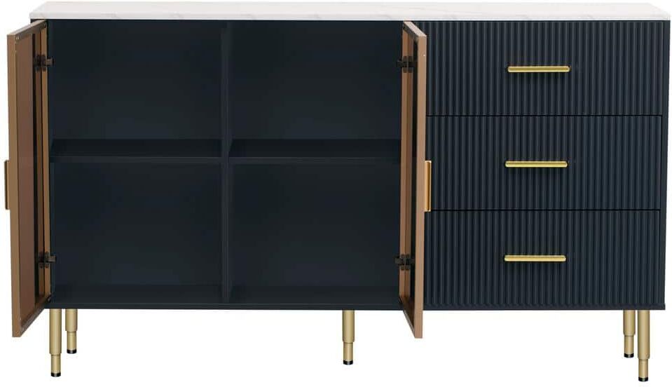 60 in. W x 16 in. D x 36 in. H Navy Blue MDF Ready to Assemble Kitchen Cabinet with Gold Metal Legs & Handles