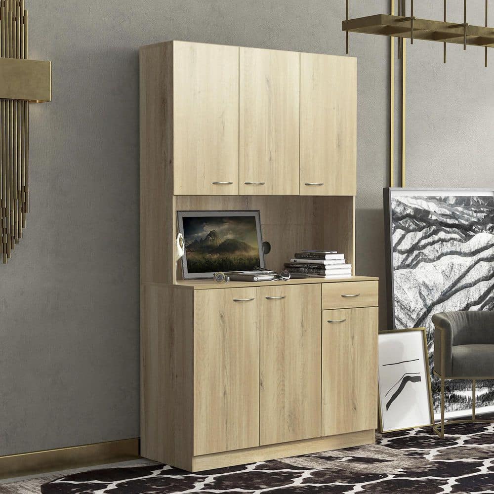 URTR Oak Freestanding Storage Cabinet 6 Doors 1 Open Shelves and 1 Drawer Wardrobe and Kitchen Cabinet for Bedroom Kitchen