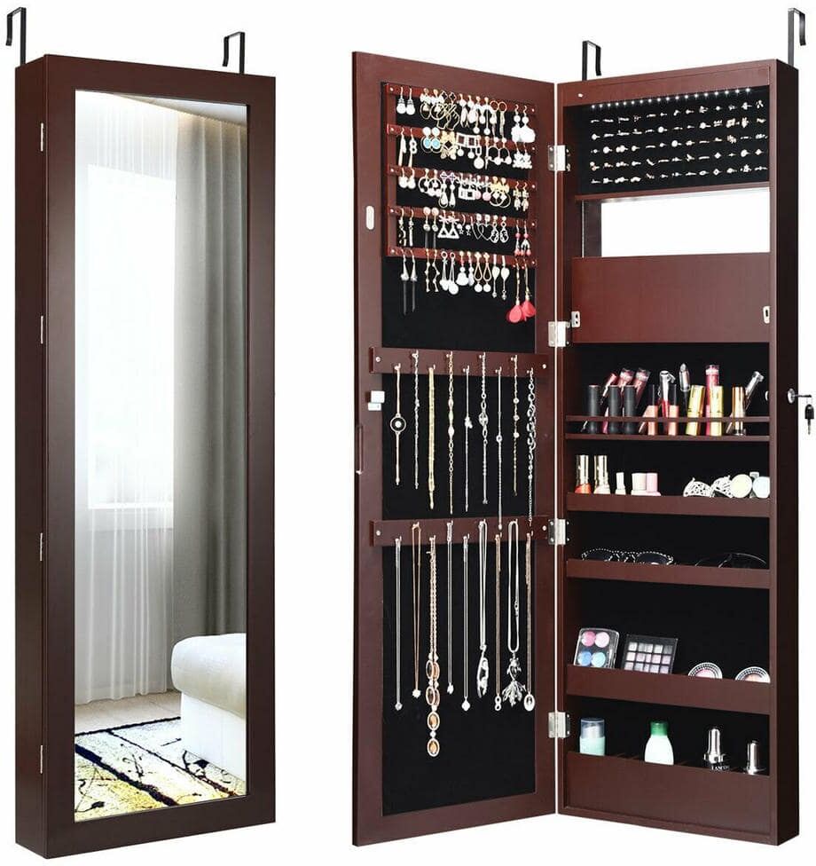 Gymax 47 in. H x 14.5 in. W x 3.5 in. D Wall Door Mounted Lockable Jewelry Cabinet Armoire Organizer with LED Brown