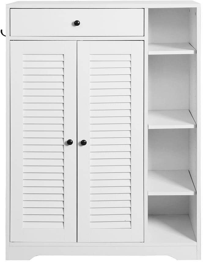 31.50 in. W x 15.75 in. D x 43.3 in. H White Linen Cabinet Shoe Rack Organizer Adjustable Storage Shelf andTop Drawer