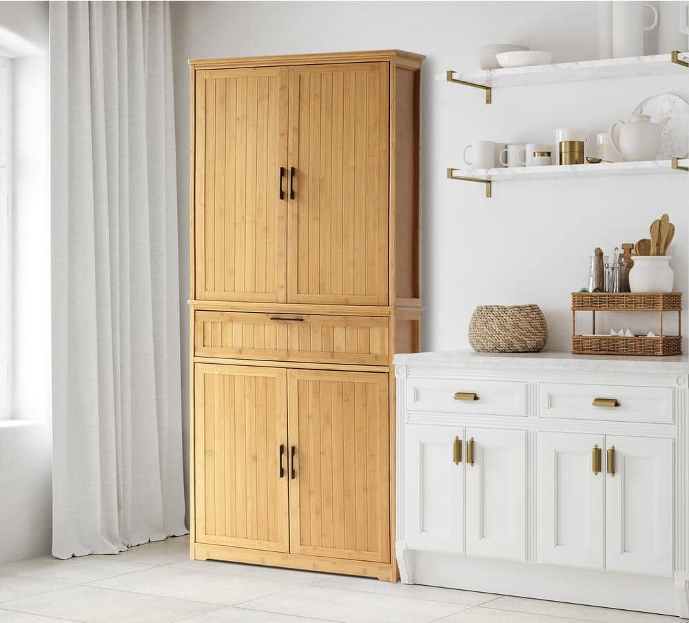 VEIKOUS 72 in. H Bamboo Kitchen Storage Pantry Cabinet Closet with Removable Shelves and Doors