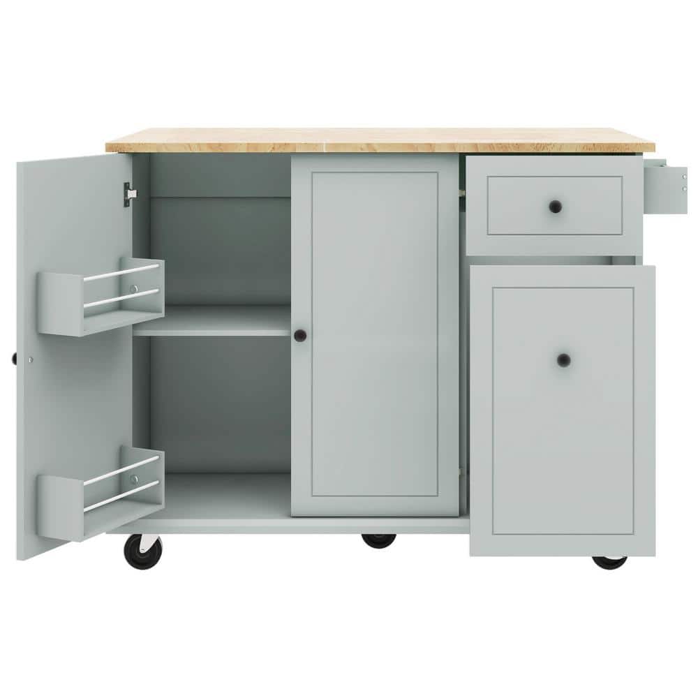 Blue Wood 54 in. Kitchen Island with Drop Leaf and Cabinet Organizer, Kitchen Storage Cart with Spice Rack, Towel Rack