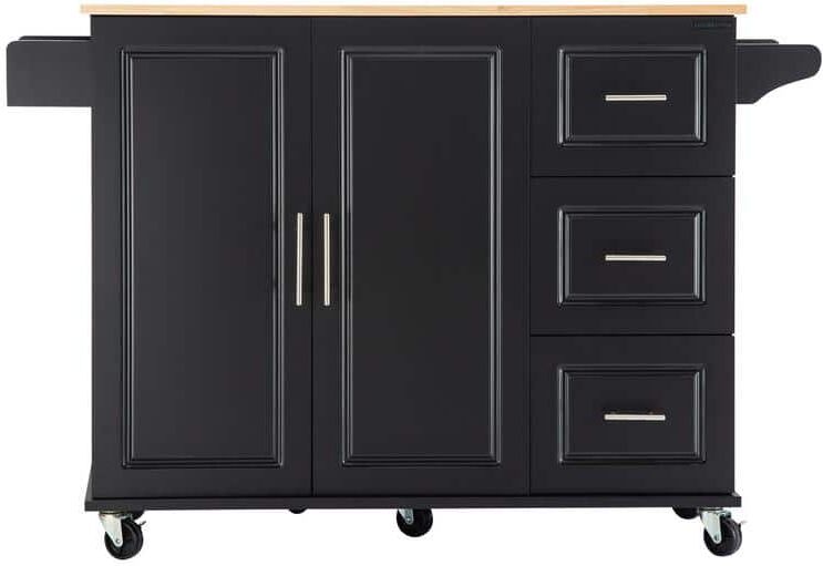 Black Rubber Wood Table Top 54 in. Kitchen Island Cart with Drop Leaf Adjustable Shelf Cabinet, Drawer and Spice Rack